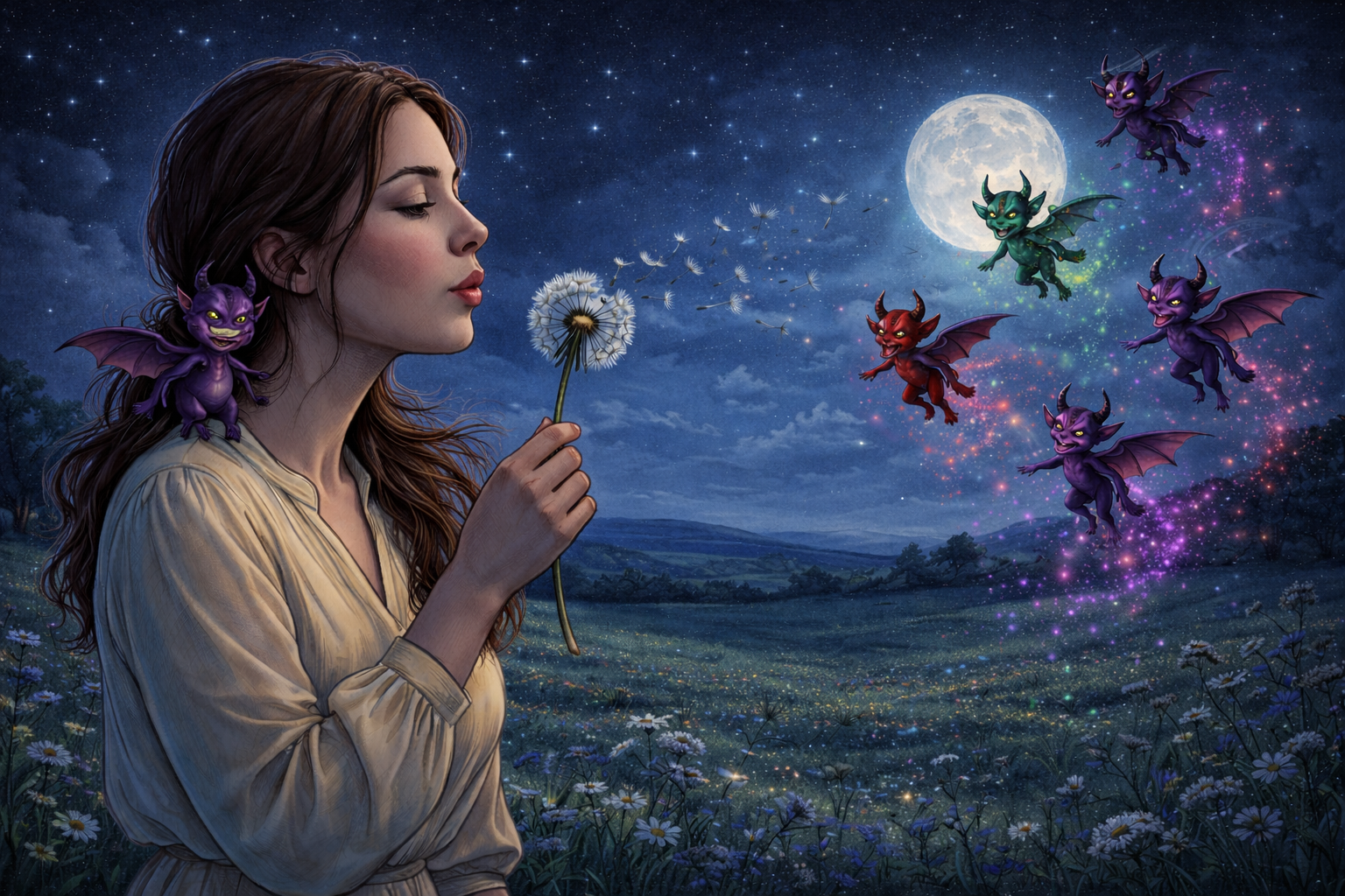A writer blowing a dandelion — glowing night creatures carry her story into the dark