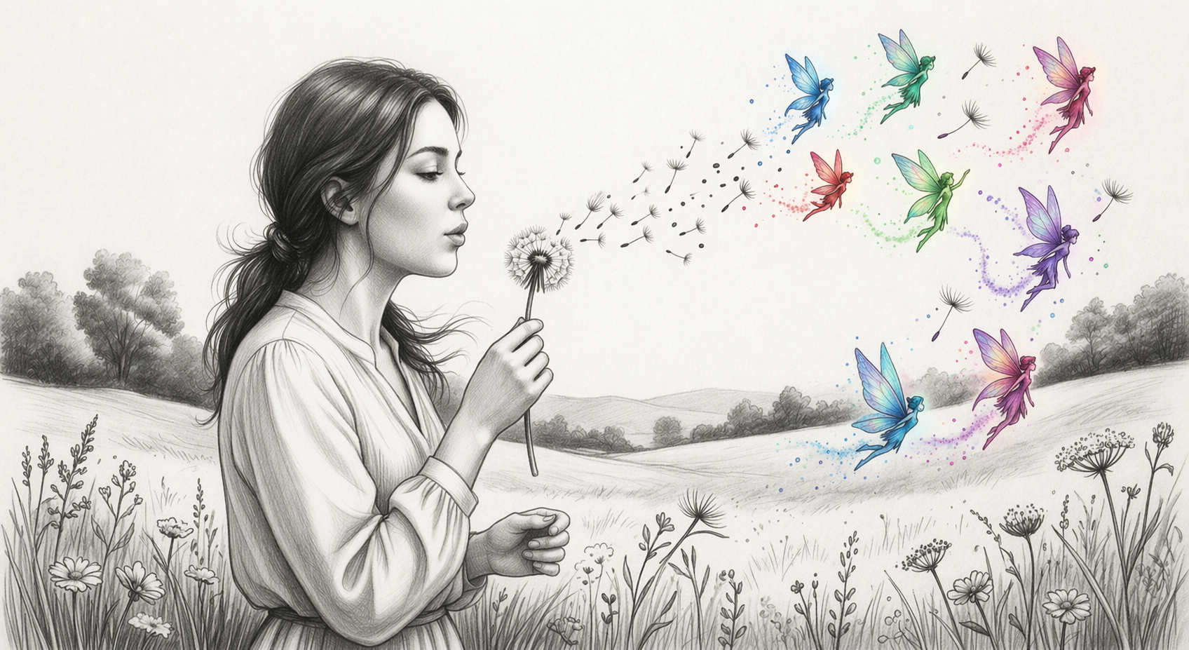 A writer blowing a dandelion — colorful fairies scatter into the world of story